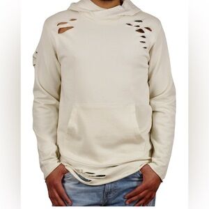 JORDAN CRAIG FRENCH TERRY Distressed Cream Hoodie, RIPPED DESIGN MENS SIZE L